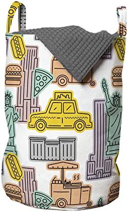 Ambesonne New York Taxi torba za pranje veša, poznate znamenitosti i objekti NY City Art Illustration Doodle, korpa za korpe sa ručkama zatvaranje Vezica za pranje veša, 13 x 19, bela i višebojna