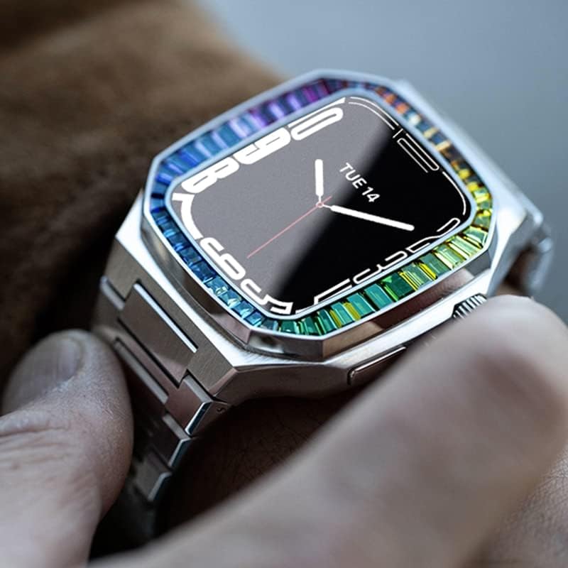 AEMALL Diamond Modifikacijski komplet za Apple Watch 7 45 mm futrola od nehrđajućeg čelika za seriju iWatch 6 5 4 SE 44mm Kožni pojas luksuzni okvir