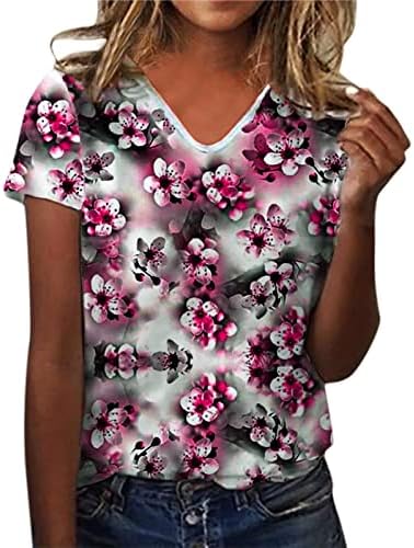 Ljeto Ženski kratki rukav V izrez cvjetni tiskani TOP T majice Ležerne majice Tee ženske žene Ljetni vrhovi labavi