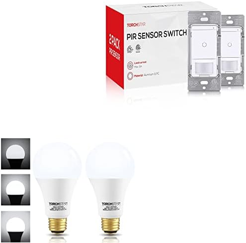 TORCHSTAR 3-smjerna LED sijalica A21 paket 5a Prekidač za senzor pokreta, 2 pakovanja 3-smjerne LED Sijalice 40/60/100w ekvivalentno, 5000k, UL & Es navedeno & amp; 2pack PIR senzor prekidač za svjetlo, 600W HAL / INC, 200W LED / CFL