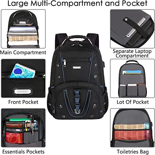 JcDobest Travel Happpack, 17.3 inčni XL ruksak za teške računare sa RFID džepovima, TSA Excaly Extral Extral Extra Veliki paket sa fakulteta s USB punićom, stilskim prijenosom za muškarce / žene, plavo