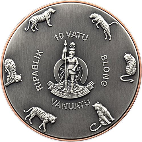 2023 Dvostruki divovski grabeljci Powercoin Tiger Silver Coin 10 Vatu Vanuatu 2023 155 GR Antikni završetak