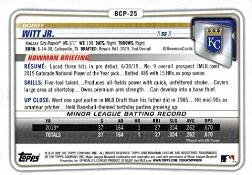 2020 Bowman Chrome izgledi za bejzbol # BCP-25 Bobby Witt Jr. Pre-Rookie Card - 1. bowman Chrome Card