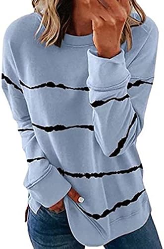 Ženska prugasta majica vrhovi labave posade Print TEE Pulover casual dugih rukava Basic Bluze za bluze za