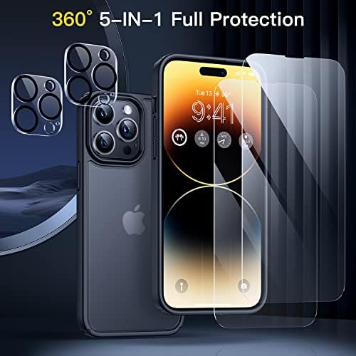 Humixx [5 u 1 otporan na udarce za iPhone 14 Pro Max Case, [2x zaštitnik zaslona + 2x zaštitnik objektiva] [Vojna pad zaštite] Silikon tanak tanki prozirni mat iphone 14 pro max futrola za telefon 6,7 '' Crna