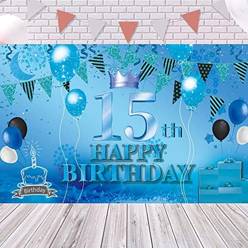 Happy 15th birthday Backdrop Banner Blue 15th znak Poster 15 birthday party Supplies for Anniversary Photo Booth Photography Background Birthday Party Dekoracije, 72.8 x 43.3 Inch