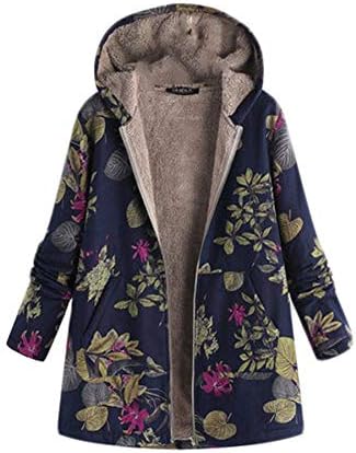 Andongnywell Women Zimska topla odjeća cvjetna jakna s kapuljačom džepova Vintage prevelika kaputa