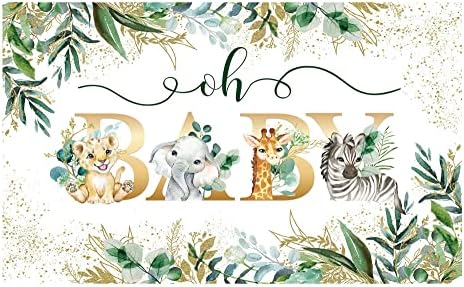 Allenjoy 70.8 x 43.3 Safari baby shower Backdrop Jungle Animals Oh baby Party Banner Gold Greenery Leaves
