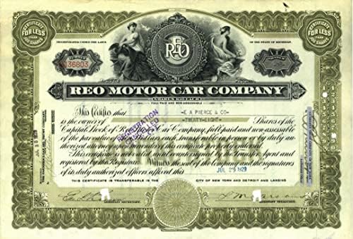 Reo Motor Car Co. - Certifikat Za Automobilsku Zalihu-Poznati Proizvođač Automobila