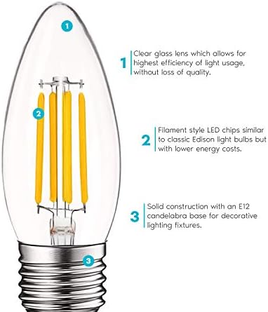 Luxrite 5w Vintage E26 kandelabra LED Sijalice 60W ekvivalentno, 550 lumena, 2700k toplo bijelo zatamnjeno, sijalica sa srednjom bazom kandelabra, prozirno staklo sa vrhom torpeda, Edison filament sijalica, ul