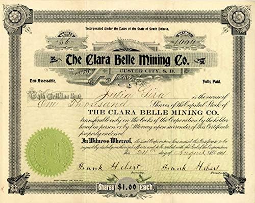 Clara Belle Mining Co. - Custer City, Južna Dakota 1901 Stock Certifikat