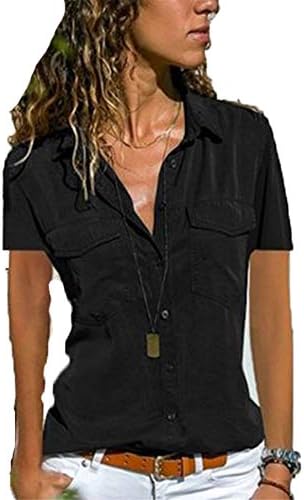 Andongnywell ženske košulje kratkih rukava V Vrez na vratu niz majicu s džepovima Ljetni posao