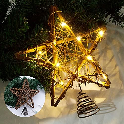 Lawoho božićno stablo staklena zvezda, 10-inčni rustikalni smeđi rattan prirodni sa 10 toplih bijelih svjetla