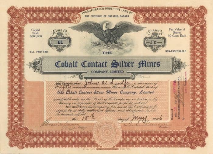 Cobalt Kontakt Silver Mines Co, Certifikat Ograničene Zalihe