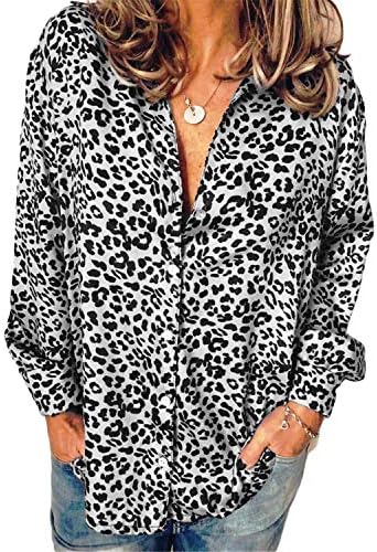 Andongnywell Womens Ležerne prilike V izrez Tunika Dugme s dugim rukavima Leopard majice Bluze The Tops Tunike T majice