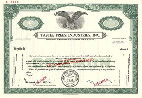 Tastee Freez Industries, Inc. - Certifikat Zaliha