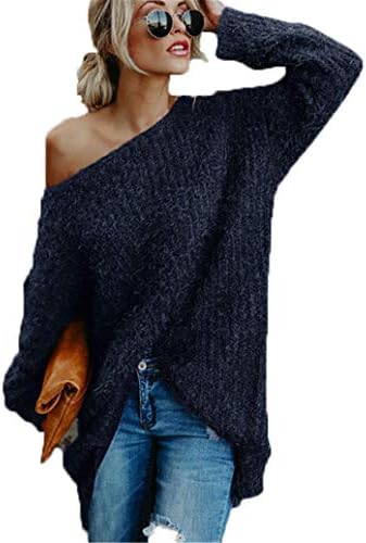 Andongnywell Ženska solidna boja od ramena džemper s rukavima Labavi preveliki pulover pletene dvostruke bluze