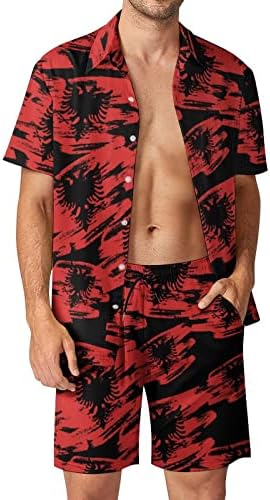 Vinage albanska zastava Muška 2 komadna plaža havajska gumba niz majicu kratkih rukava i šorc odijela