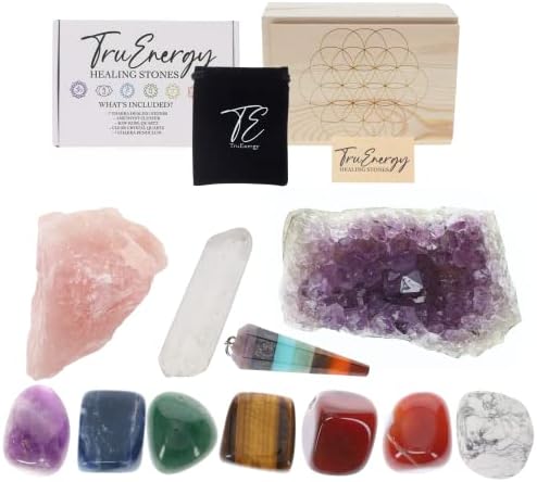 Truenergy Premium kristali i ljekovito kamenje u drvenoj kutiji - 11 komadni komplet - 7 čakra kamenja, ružičasti kvarc, ametist Custer, Clear Quarct, Chakra Pendulum