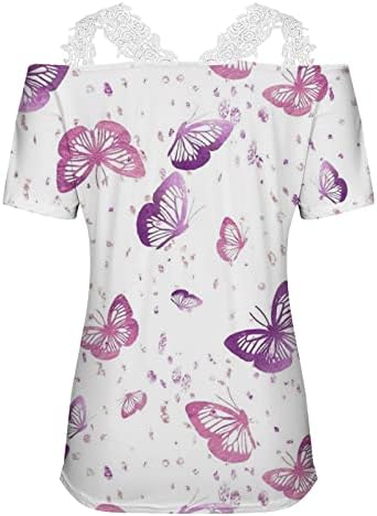 Camiseta de Encaje con estampado de mariposas mujer blusa manga corta retazos y cuello en v con hombros