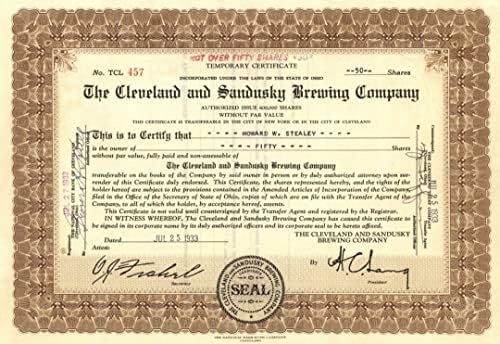 Cleveland and Sandusky Brewing Co. - Certifikat O Zalihama Pivare