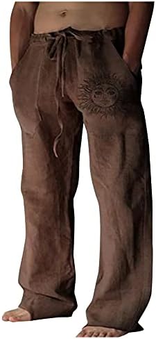 Hehoah muški casual posteljina pamučne hlače elastična struka labava fit ravne noge crteže ljetne plaže