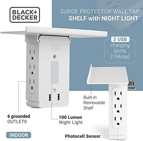 Crna + Decker prenapona zaštitnika sa noćnim svjetlom, 6 uzemljenih otvora, 2 USB, 100 lumena