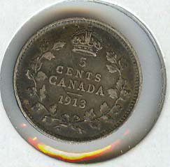 Kanada Silver Coin mined 1913 pet centi kralj George V KM22