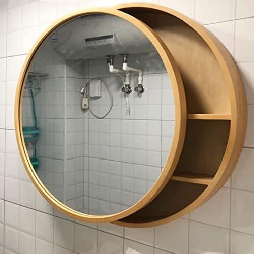Ormar za ogledalo za kupatilo drveni ormarić za ogledalo okruglo ogledalo za šminkanje sa stalkom za odlaganje zidni ormarić za kupatilo sa ogledalom