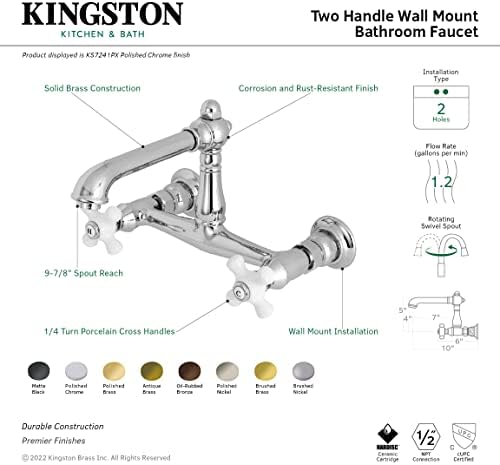 Kingston Brass KS7246PX Engleska seoska slavina za kupatilo, 6-5 / 8 u dosegu izljeva, polirani nikl