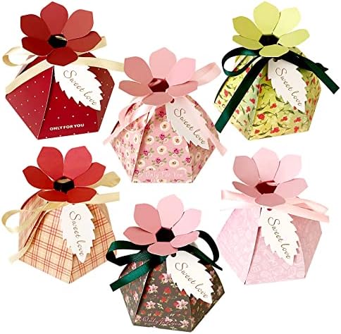 Cholic 48pcs Party Favor Candy Box, Poklon kutija za bombone u obliku latica sa oznakama i vrpcama za zabavu