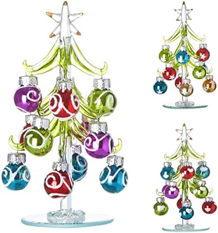 HappySpot set od 3 stolna minijaturna staklena božićna drvca sa 12 sjajnih kugličnih ukrasa Xmas stablo