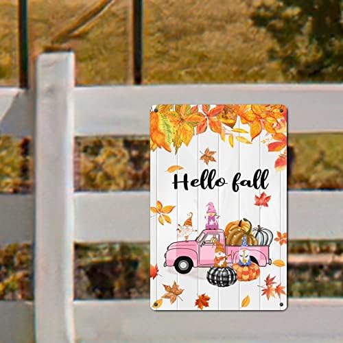 Hello Fall Potpišite ružičasti kamion metalni znak Pumpkin gnome javorov limenki znak jesen žetva Poklon
