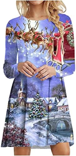 BADHUB Xmas_Dress Ženska Moda božićno drvo Print Dugi rukav okrugli vrat haljina