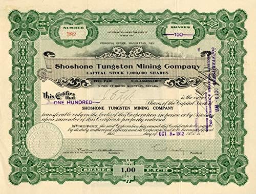 Shoshone Tungsten Mining Co. - Certifikat O Zalihama Hemijskih Elemenata