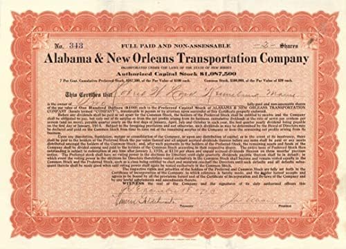 Alabama and New Orleans Transportation Co. - Certifikat Zaliha