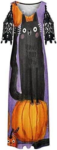 Ženska haljina za Noć vještica, ženske haljine za grudve ramena slatka bundeva mačka Print Maxi haljina