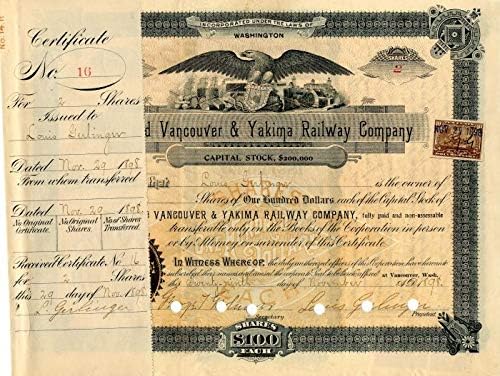 Portland Vancouver and Yakima Railway Co. - Certifikat Zaliha