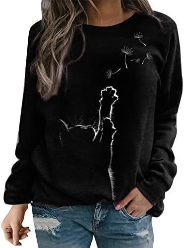 Ženski dnevni print O vrat Duks okrugli izrez Fit pulover na vrhu Ležerne duge rukave dame duge odjeću crna
