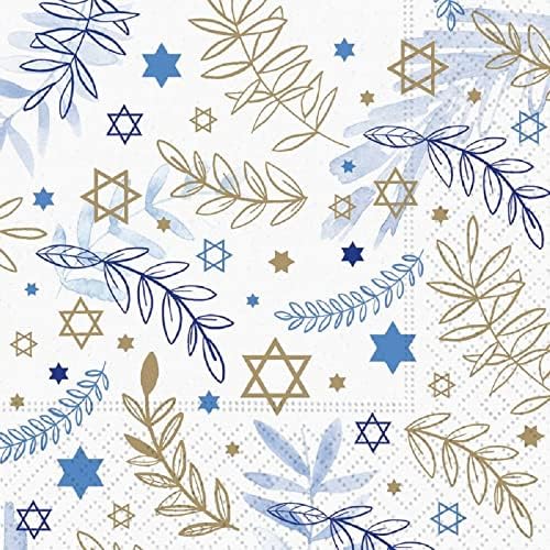 Plavi bijeli i zlatni Jevreji za odmor salveri | Koktel salveta 40ct | Judaics Stars i lišće dizajn