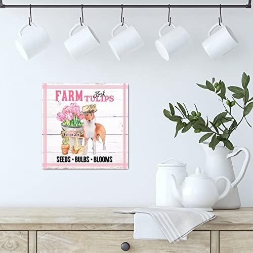 Drveni znakovi Farm Fresh cvijeće Tržište Drvene plakete Pink Tulips King Charles Spaniel Dog Farmhouse Stil Zidni dekor Antique Great Custom Poklon za dnevni boravak Dječji objekt Spavaća soba KućeWarminging Gift 8x8in