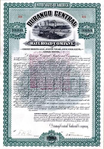 Durango Central Railroad Co. - $1,000 50 Godina 5% Zlatna Obveznica-Meksiko