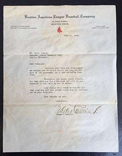 Eddie Collins potpisao je Boston Red Sox Pismo 1934. menadžeru Hof Autograph JSA LOA - MLB autogramirani